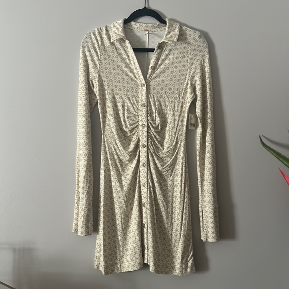 • FREE PEOPLE • Shayla Ruched Mini Button Down Shirt Dress • Ivory - Small